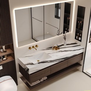 端熊猫白岩板陶瓷无缝一体盆洗漱台浴室柜洗手洗脸池