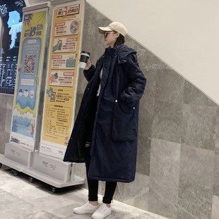冬季 棉服女中长款 学生棉袄工装 宽松连帽过膝v大码 加厚棉 休闲韩版