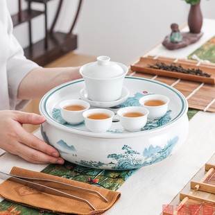 托盘沥水盘干泡茶台功夫茶具套装 全陶瓷茶盘圆形h储水式 简约家用