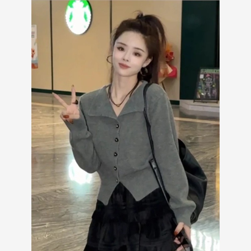 翻领灰色针织开衫毛衣外套春装女款2025年新款短款针织衫上衣春秋