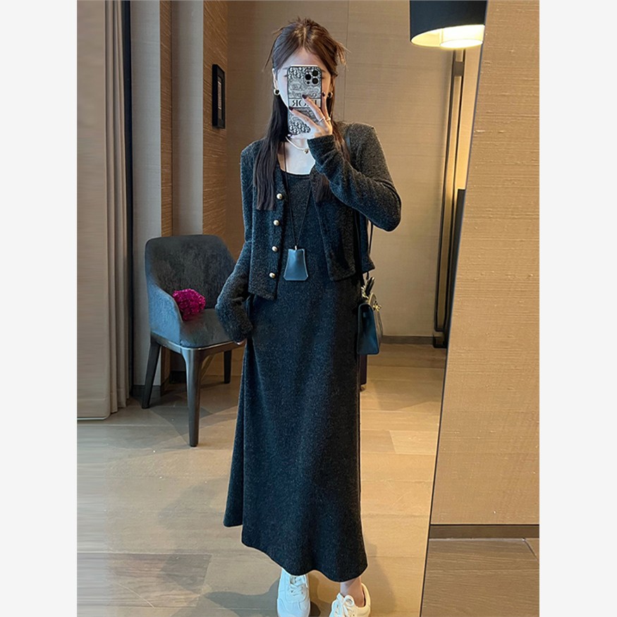 韩国大气优雅灰色微胖修身Look背心连衣裙长裙2025秋冬新款女装