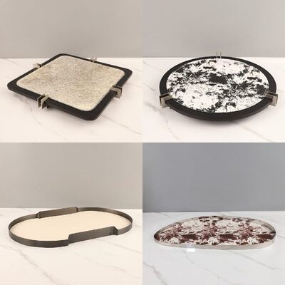 轻奢木质马毛皮革金属香薰托盘客厅茶几样板间长形收纳盘装饰摆件