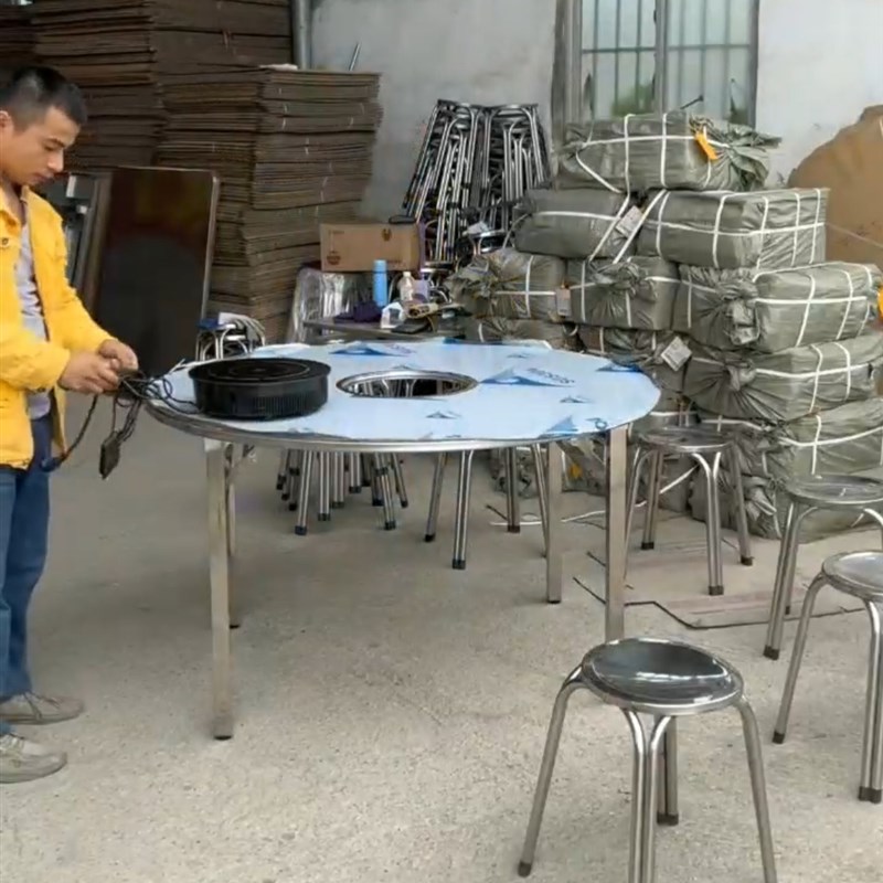 一体内折叠不锈钢火锅圆桌新型吃饭桌子工作台连身圆形餐桌