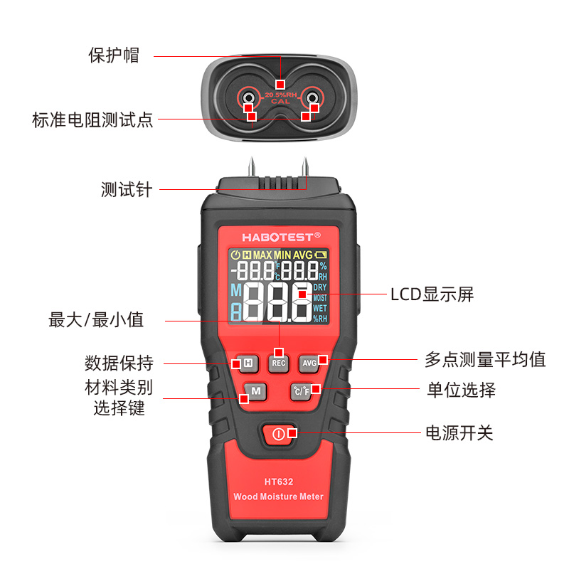 华博HT632木材水分测试仪水泥地面测湿仪湿度仪纸箱含水率检测仪