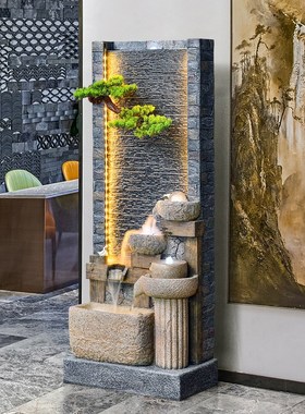 中式高山流水幕墙喷泉屏风客厅办公室假山循环水生财装饰落地