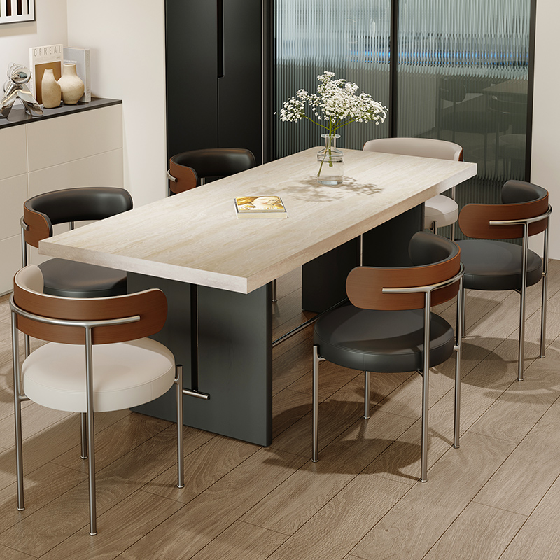 意式简约中古风加厚洞石岩板餐桌椅组合小户型复古实木岛台茶桌子