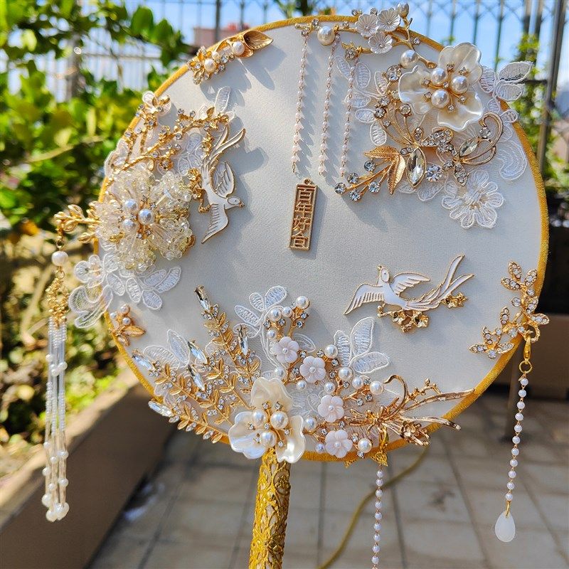 新娘团扇古风婚礼金色秀禾扇中式结婚喜扇圆形扇面手工di材料包,家居饰品,工艺扇/团扇/喜扇/折扇,淘宝优惠券,粉丝福利购,淘宝优惠卷