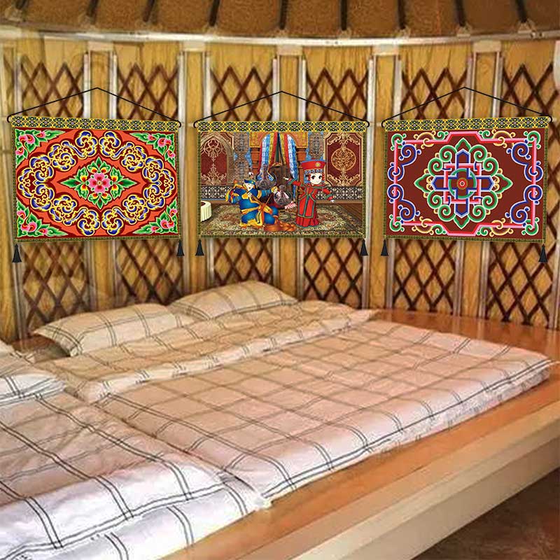 民宿客栈蒙古族人物花纹布艺装饰画客房内饰挂画挂布软装装饰布