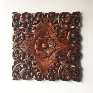 实木雕片泰式方形墙面壁饰酒吧复古风格装修装饰画客厅