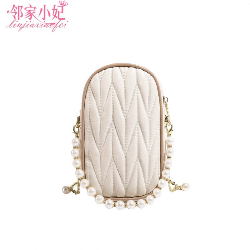 手机包女斜挎2024新款时尚百y搭珍珠链条小挎包质感褶皱夏季手机
