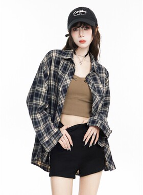 藏青色格子衬衫女防晒服2025夏季新款韩版小个子POLO领叠穿外套