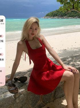 8uioio 吉普赛玫瑰 红色挂颈短裙女夏2025新款修身显白吊带洋装