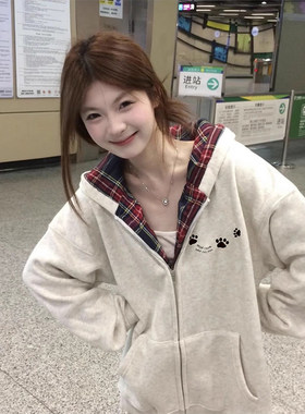 美式高街初中生格纹连帽开衫卫衣女春秋季宽松设计感小众拉链外套