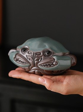创意仿真螃蟹哥窑片茶宠茶玩陶瓷工艺品招财可养茶桌装饰品