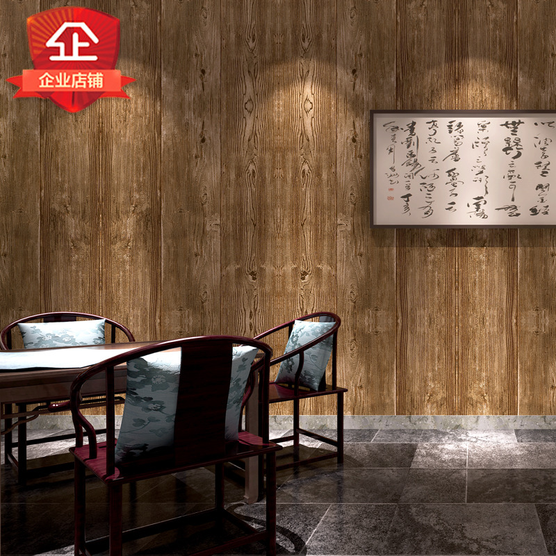 墙纸非自粘无胶不带背胶刷胶家用仿木纹木头木板原木色3d立体壁纸