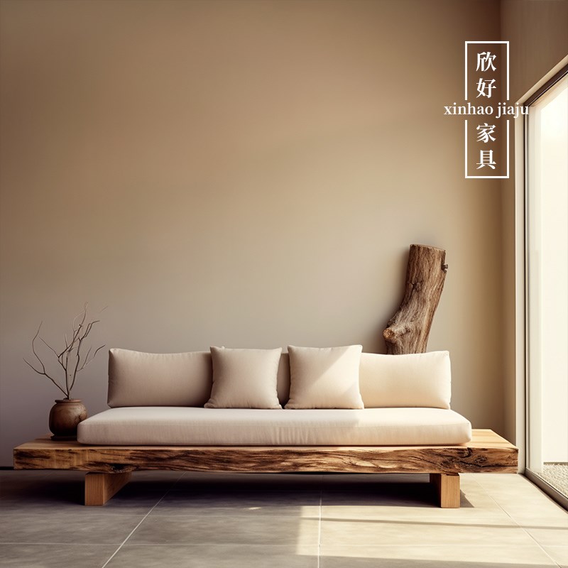 侘寂风客厅实木沙发复古做旧民宿家具人三人可以拆洗布艺长沙发