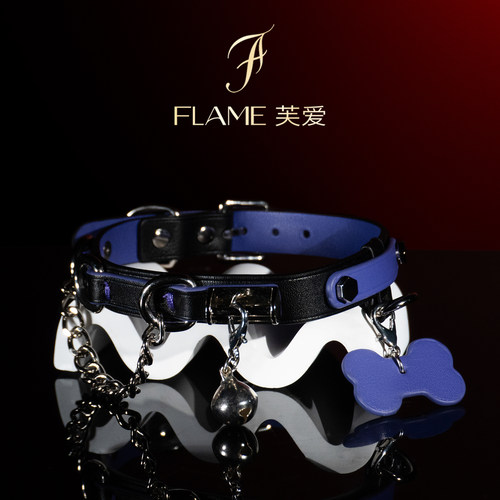 FLAME原创真皮黑紫兔头铃铛项圈choker女m颈圈男脖圈颈饰刻字狗牌