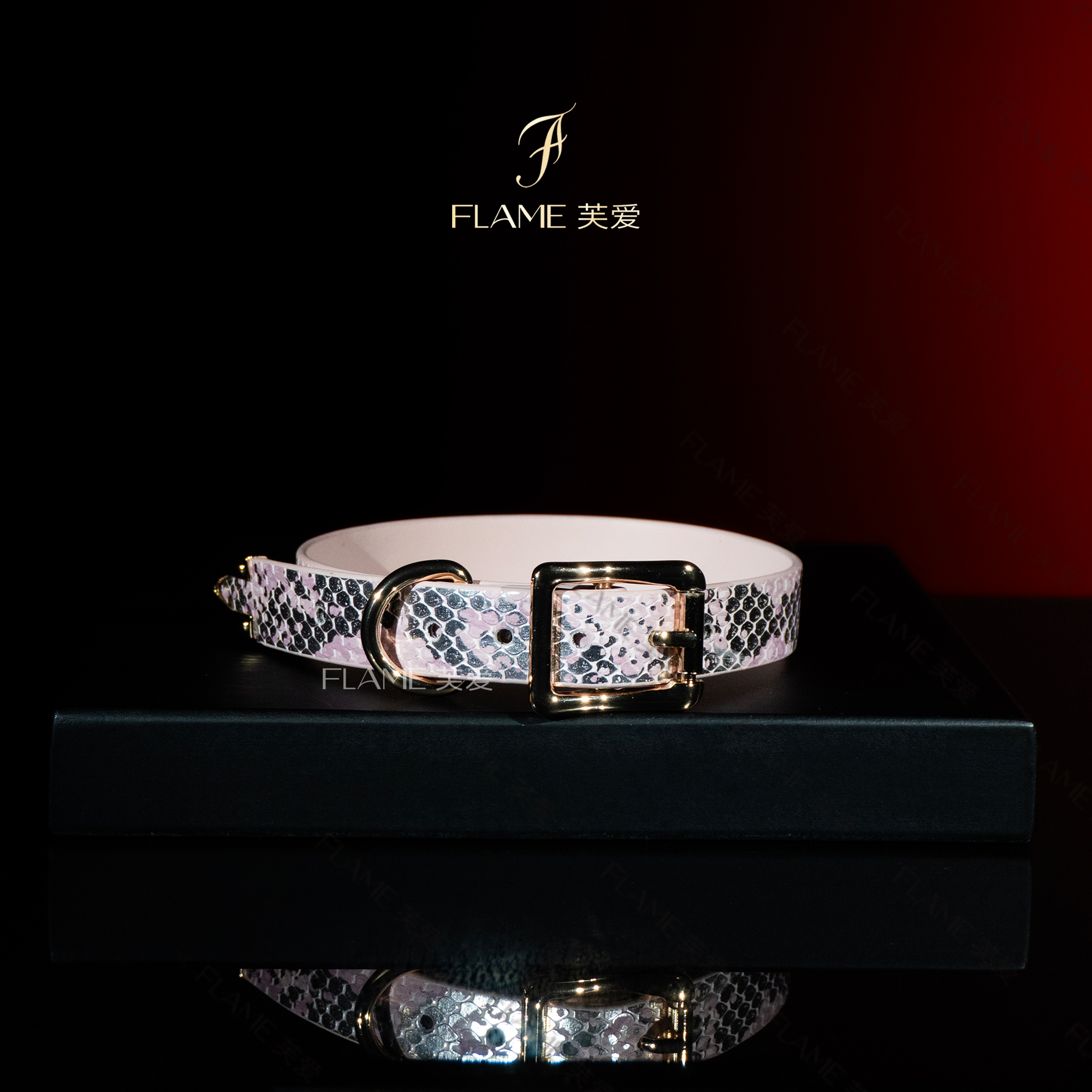 FLAME手作粉色蛇纹项圈定制刻字皮革choker