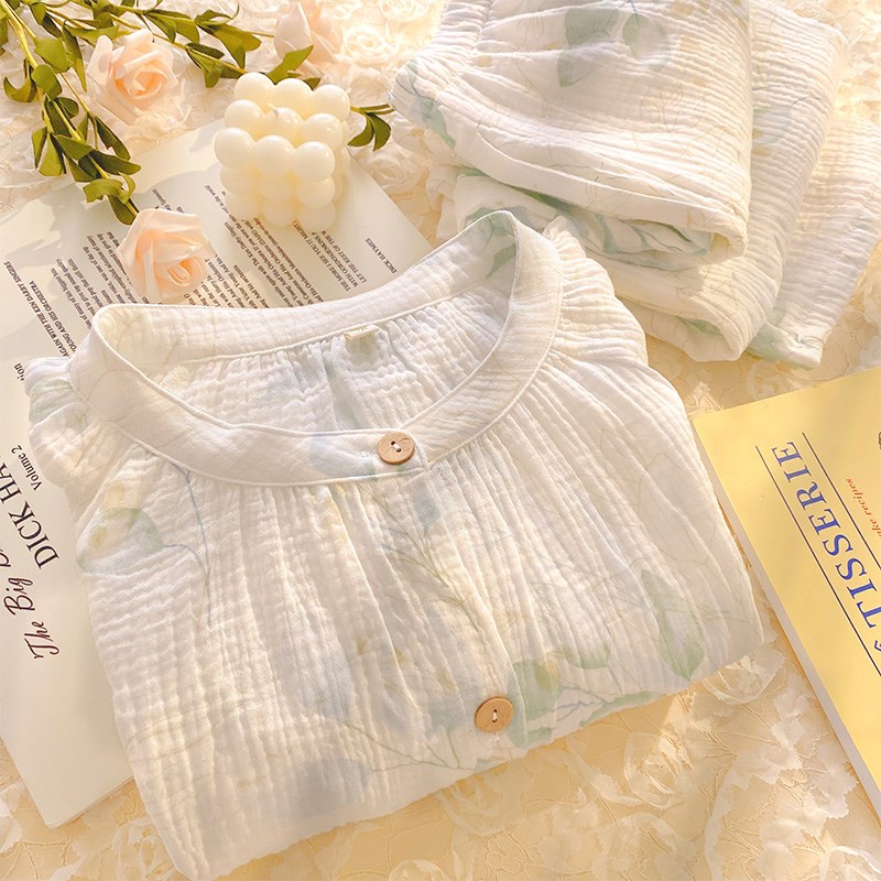 春秋季纱布睡衣女士纯棉高级感长袖套装可外穿双层棉纱家居服宽松