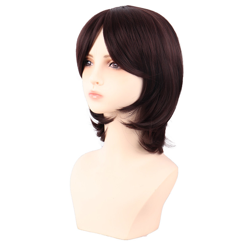潼漫 cos假发女短发万用咖啡色深棕色40CM中长齐斜刘海高温丝头套