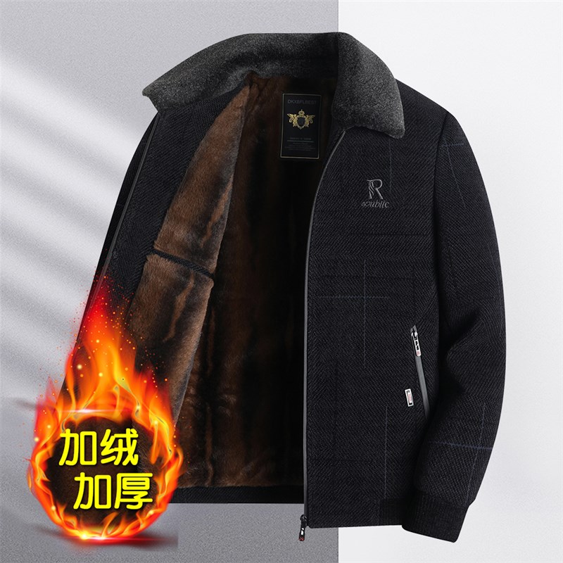 爸爸秋冬加绒加厚款雪尼尔外套中年男士翻领铺棉外套中老年人男装