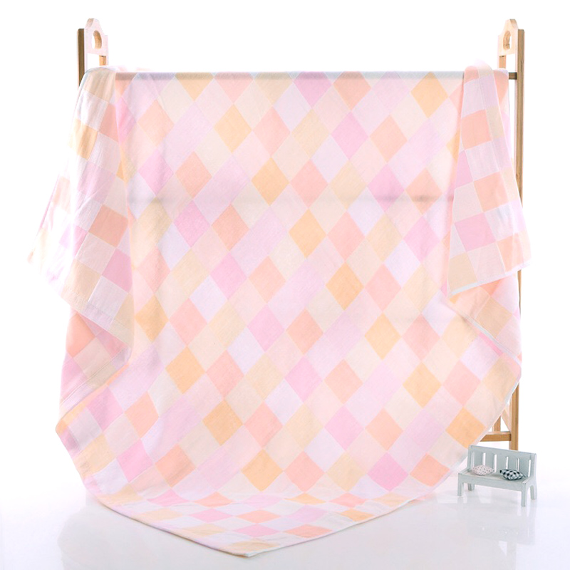 全棉双层纱布浴巾薄款纯棉童被 便捷方形格子婴儿抱被巾柔软易干