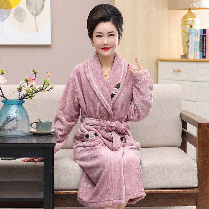 中年睡袍女士珊瑚绒秋冬季加厚妈妈法兰绒睡衣女浴袍中长款家居服