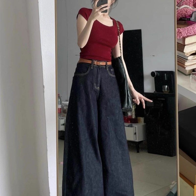 美式深蓝色阔腿牛仔裤女夏季薄款复古高腰宽松显瘦垂感拖地直筒裤,女装/女士精品,卫裤,淘宝优惠券,粉丝福利购,淘宝优惠卷