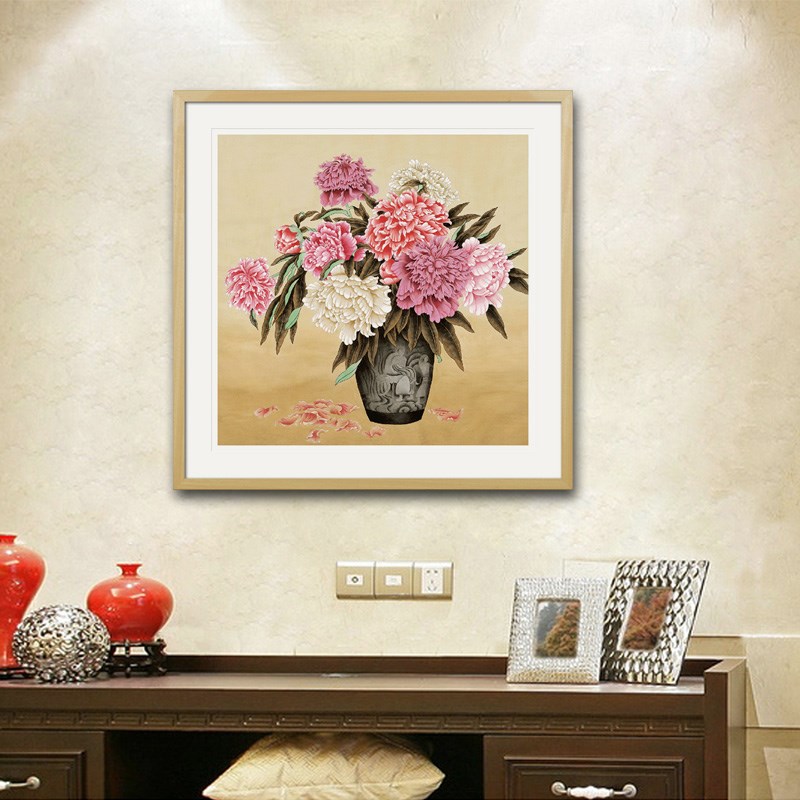 斗方工笔花鸟国画富贵牡丹荷花玄关办公室书房新中式挂画装饰画框图片