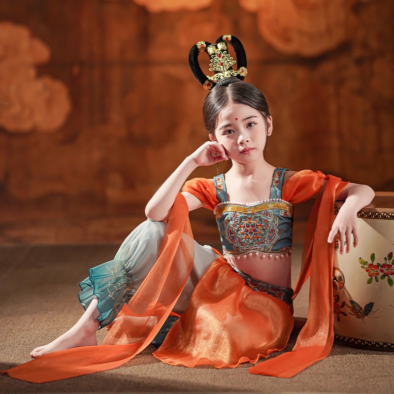 敦煌舞蹈服儿童异域风汉服表演服服装女童短袖飞天乐鼓演出服舞衣