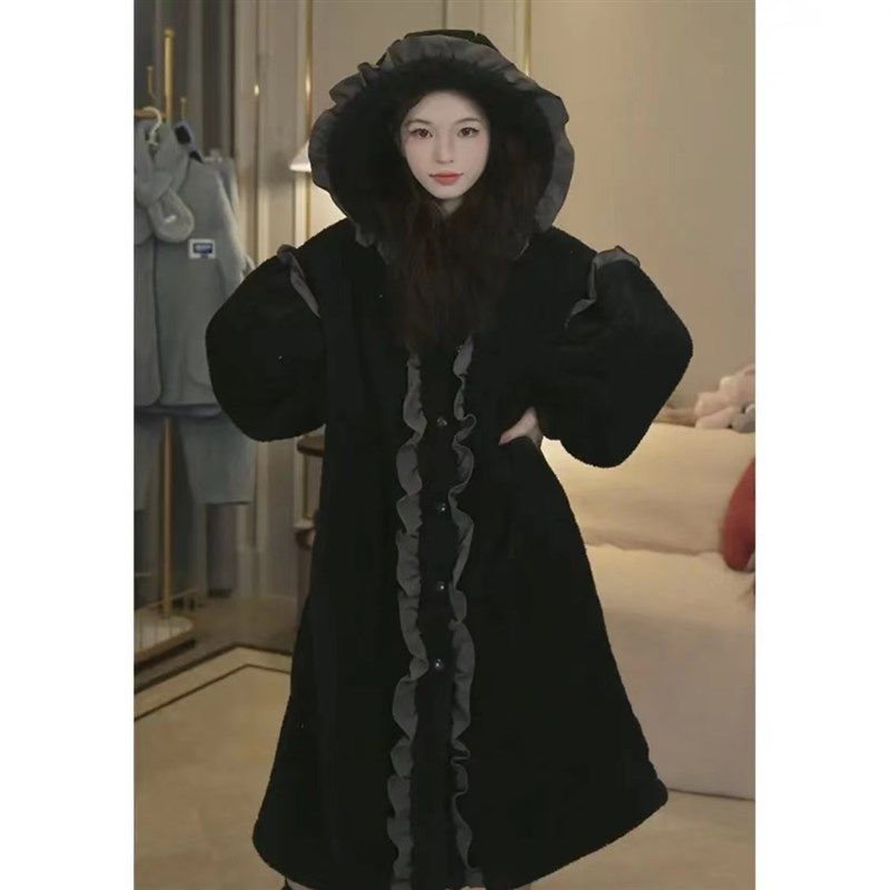 睡袍女冬季加绒加厚长款连帽珊瑚绒大衣2022新款小个子家居服睡衣