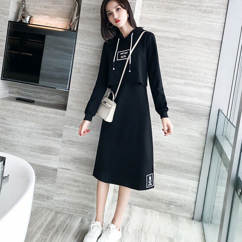 2025春秋装新款连帽休闲连衣裙女宽松显瘦假两件长袖中长款卫衣裙