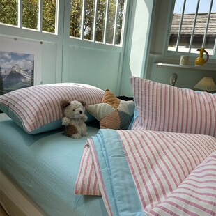 粉蓝条纹提花夏凉被四件套全棉纯棉空调被母婴级单双人薄被可机洗