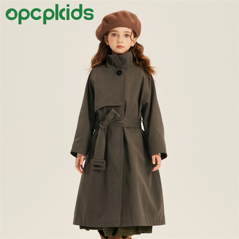 OPCP童装复古立领风衣女童春季新款英伦风百搭大衣男童中长款外套