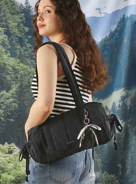 masmarulez官方正品单肩包抽拉拉链包上班通勤旅游女生包包黑色