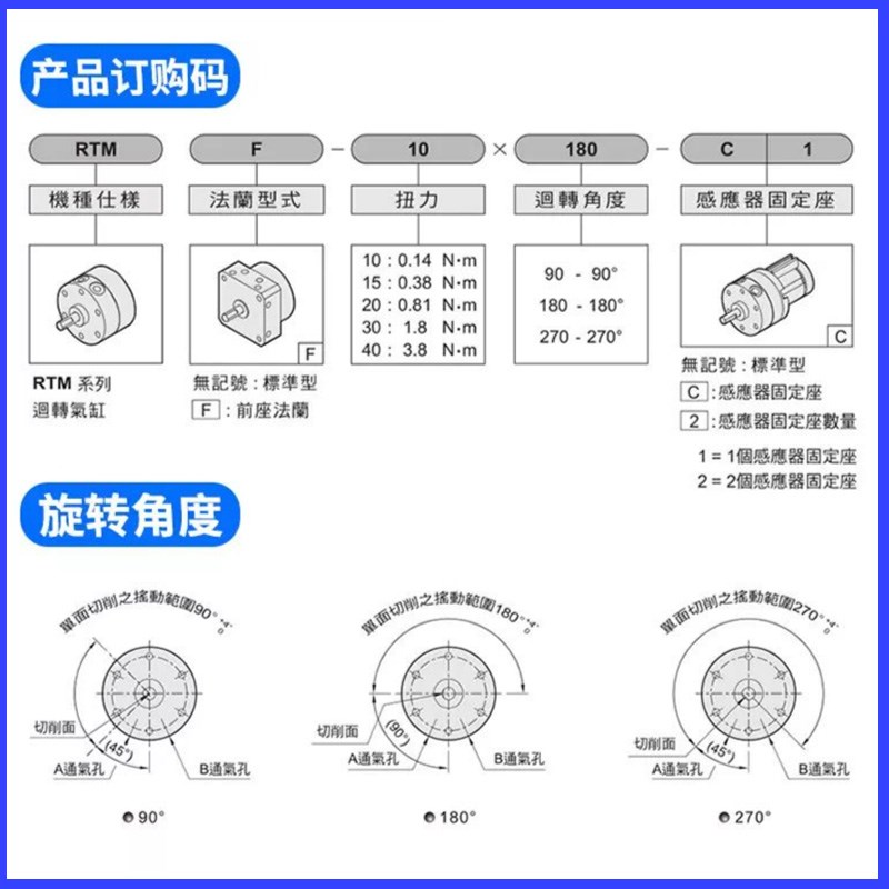 CHELIC气立可RTM回转旋转气缸RTMF10/15/20/30/*90*1C1*270C2