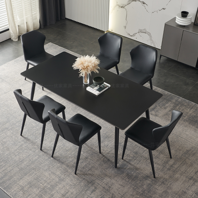 意式纯黑岩板餐桌长方形现代大小户型家用饭桌黑椅/人极简