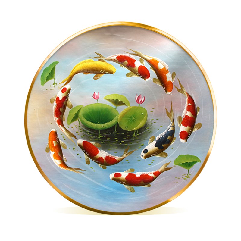 九鱼图油画餐厅挂画入户招财客厅风景玄关装饰画圆形荷花鲤鱼手工图片