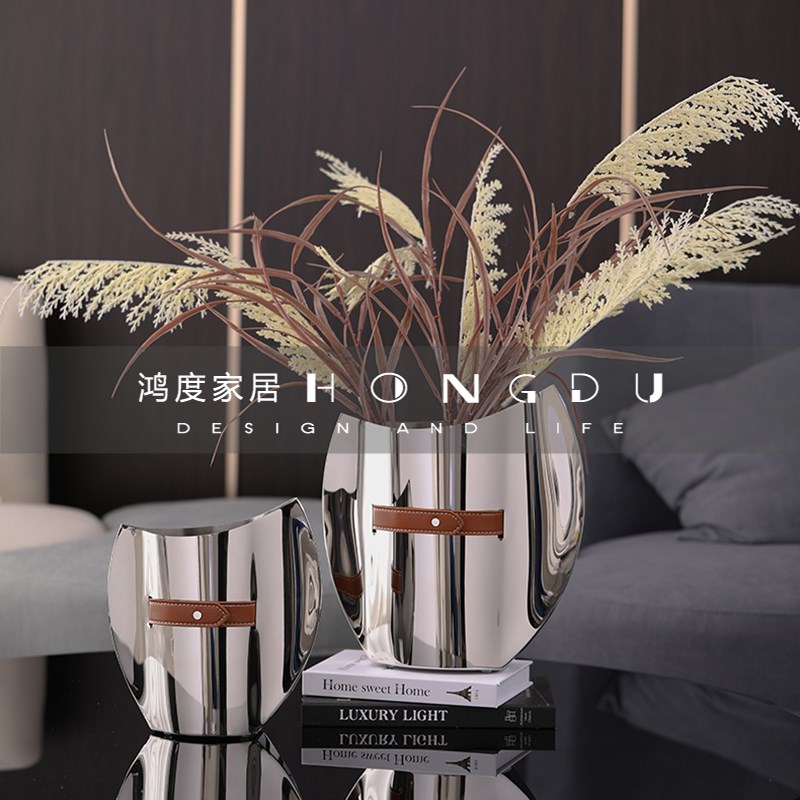 样板房间饰品摆件不锈钢皮革冰桶花器托盘道具洋酒吧台摆设套装