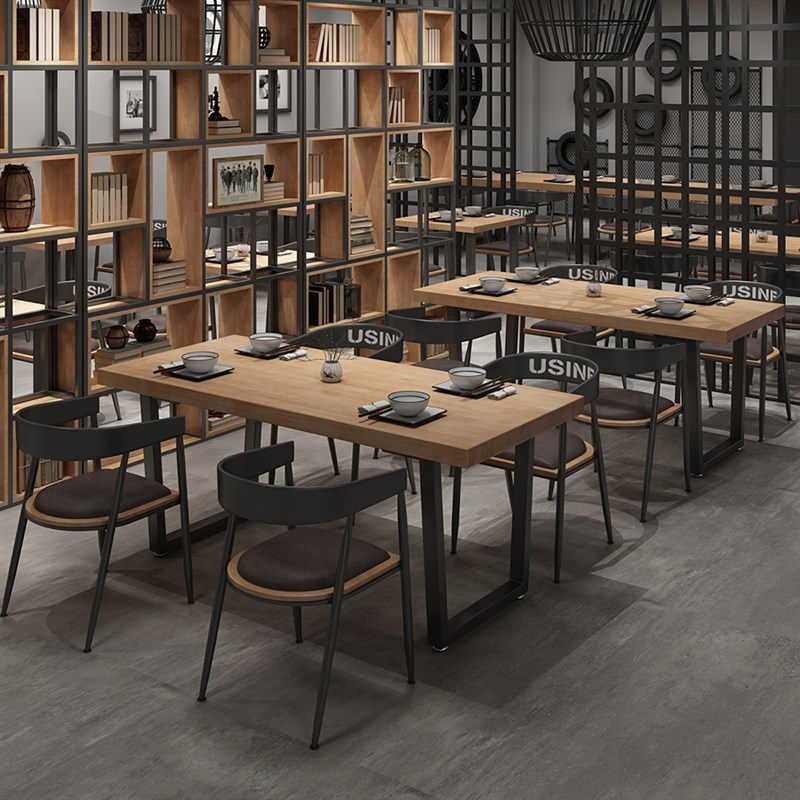 复古酒吧烧烤吧音乐餐饮店工业风实木餐桌正长方形铁艺咖啡厅桌椅