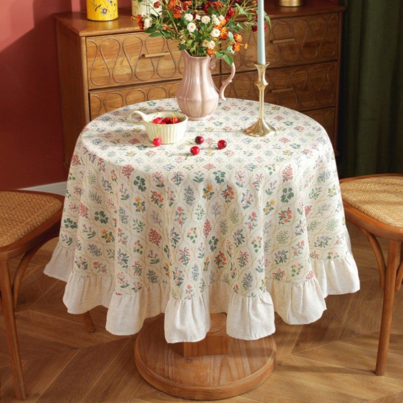 法式田园花朵复古麻色餐桌布拼接荷叶边长方形台布in小花圆桌布