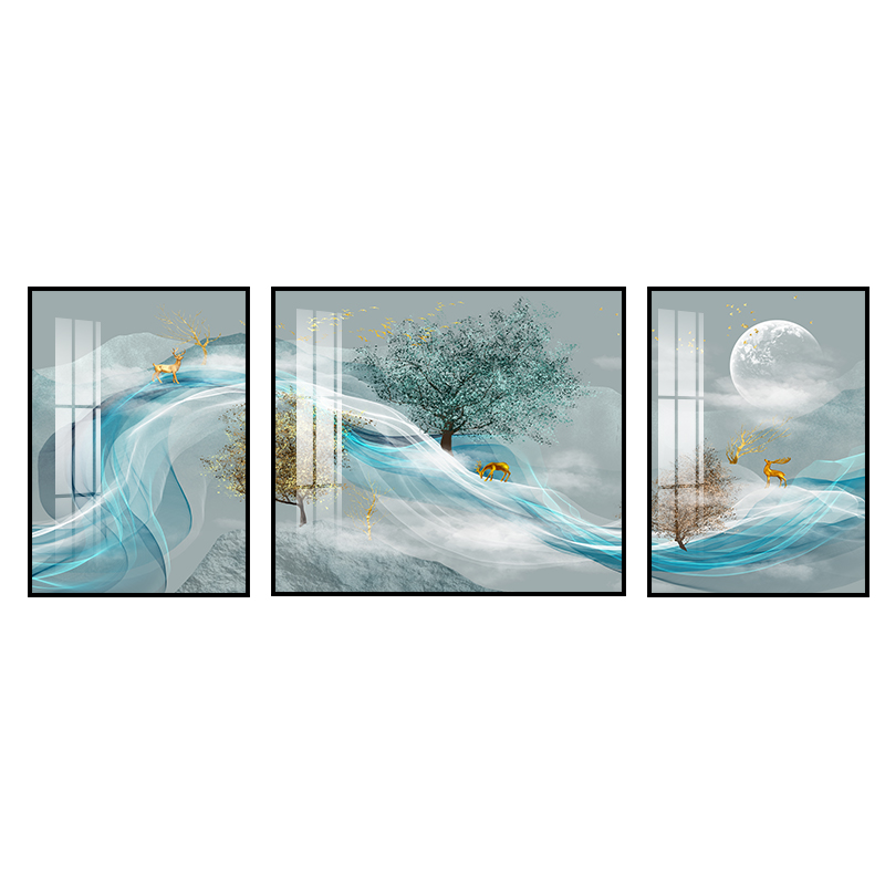 晶瓷画客厅装饰画沙发背景墙招财鹿挂画轻奢大气现代简约三联壁画图片