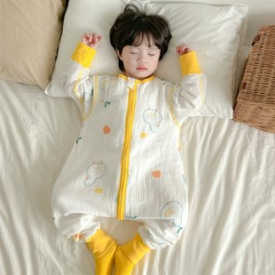 男宝恐龙睡袋春夏薄款纯棉无骨连体衣女宝纱布长袖长裤护肚空调服