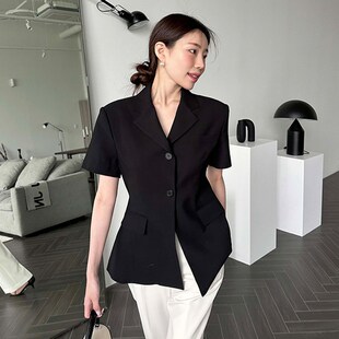 高级时尚短袖西装外套女夏季小众气质后背开衩设计感修身百搭上衣