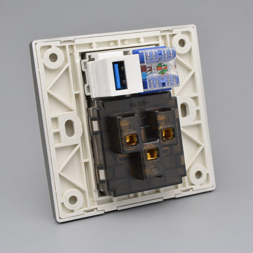 深灰色六类网络USB数据接口带五孔电源插座5孔加千兆电脑网线面板