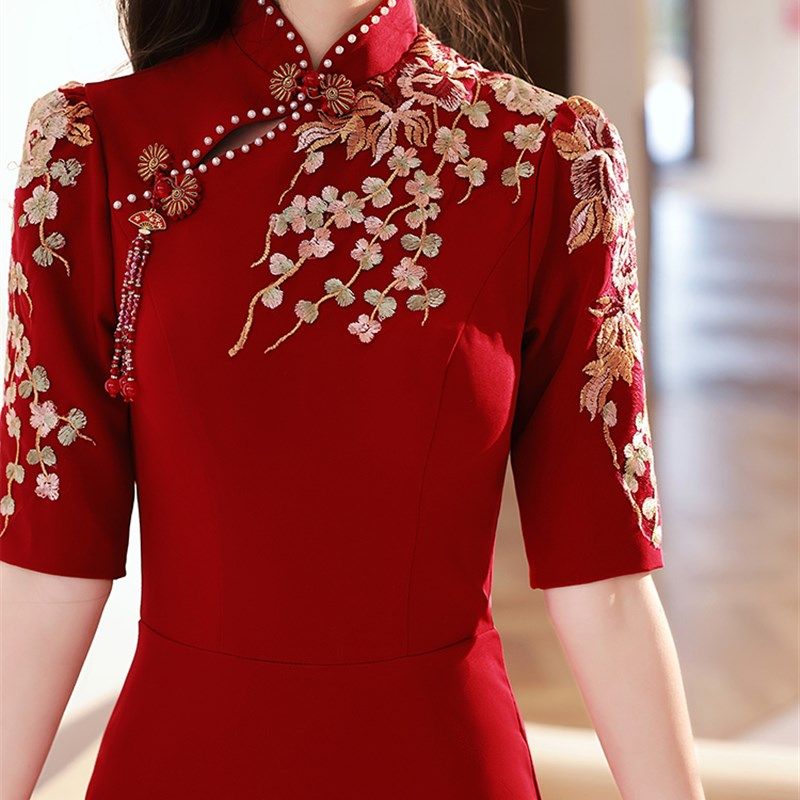 旗袍敬酒服新娘秋季小个子酒红色订婚鱼尾礼服裙中式回门结婚长裙