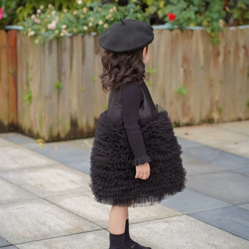 春季女童酒红新年气质连衣裙层叠手工网纱气质蛋糕裙生日礼服裙子