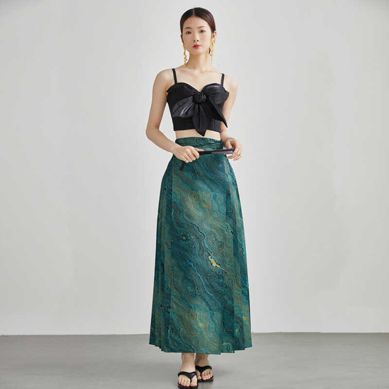 2024夏季新中式汉服国风薄款马面裙改良日常高腰百搭水墨画半身裙