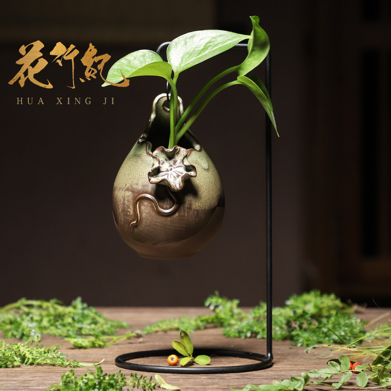 手工复古陶瓷花器挂式铁架摆件插花花瓶培育绿植装饰家居架子花盆
