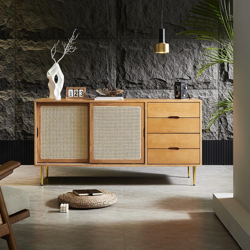 侘寂风实木餐边柜日式藤编储物柜推拉门小户型客厅玄关柜茶水柜子,住宅家具,餐边柜,淘宝优惠券,粉丝福利购,淘宝优惠卷